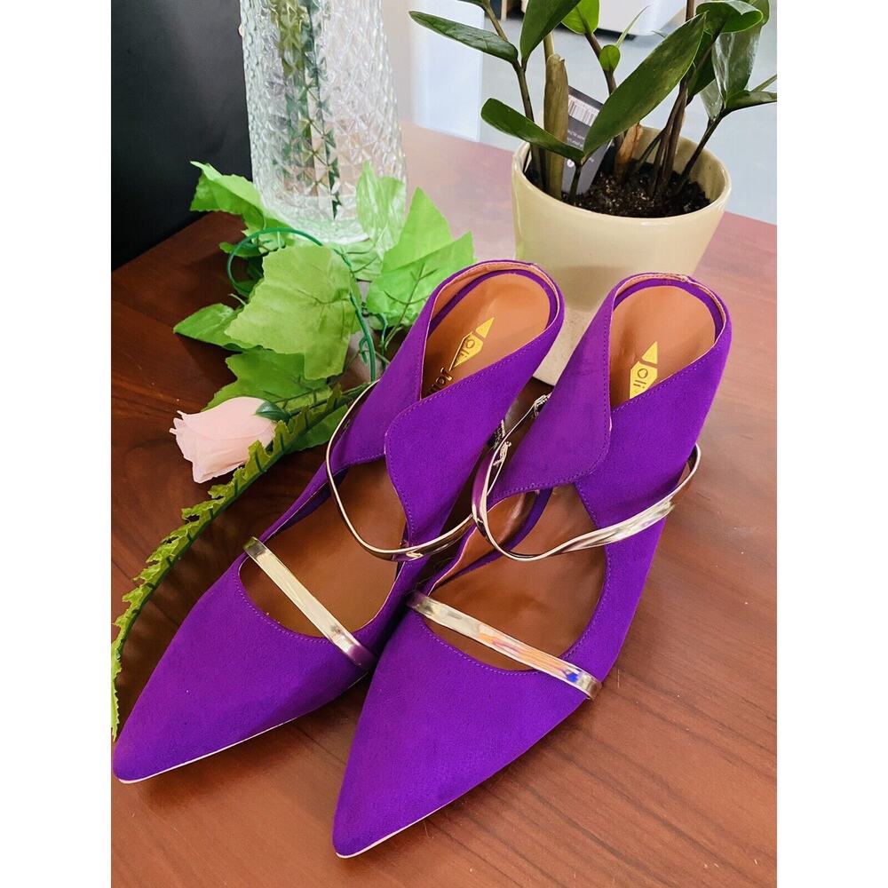 Women Ladies Oli Jolimall Tan Purple Suede Heel Pointy Shoes Size 9 Open Back